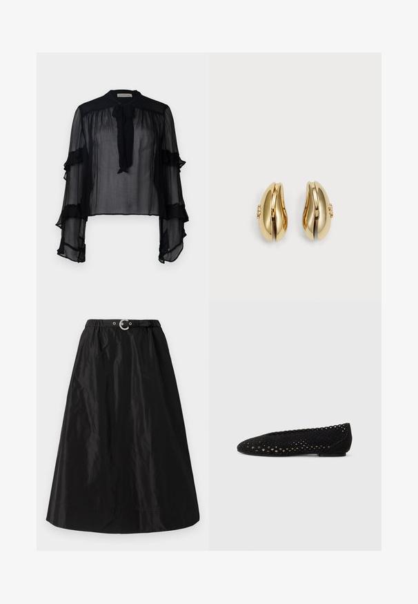 Fekete áttetsző blúz hosszú, fodros ujjal és nyakmegkötővel. Könnyű anyagból készült, laza szabással, rétegezéshez megfelelő.; Fekete szoknya fényes, könnyű anyagból. Rugalmas derékrésszel rendelkezik, ezüst csattal, és sima, A-vonalú siluettje van.; Fekete balettcipő, perforált velúrból, lekerekített orral és fodros szélekkel. Lapos talp, finom részletezéssel a felületen.; Aranyszínű fülbevalók, amelyek áramló, ívelt formájúak. Minden fülbevaló sima felülettel és egy kis kapoccsal rendelkezik, amely dekoratív részletet tartalmaz.