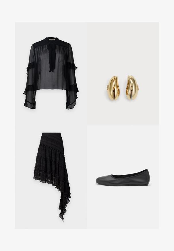 Must mustrakk, pikendatud, volangidega varrukad ja nööriga kaelus. Omab kerget kangast ja vaba lõiget, sobib kihiliseks kandmiseks.; Must värvi asümmeetriline seelik tekstuuriga kortsude, kihilise volangiga ja kokku tõmmatud vöökoht. Kerge kangas, millel on läbipaistev viimistlus.; Musthave mustika tantsutossud mustast nahast, ümmarguse varbaga, siledast tekstuurist, minimaalse õmblusdetailiga ja paindliku tallakujundusega.; Kuldtooni kõrvarõngad voolava ja kõvera disainiga. Igal kõrvarõngal on sile pind ja väike klamber dekoratiivse detailiga.