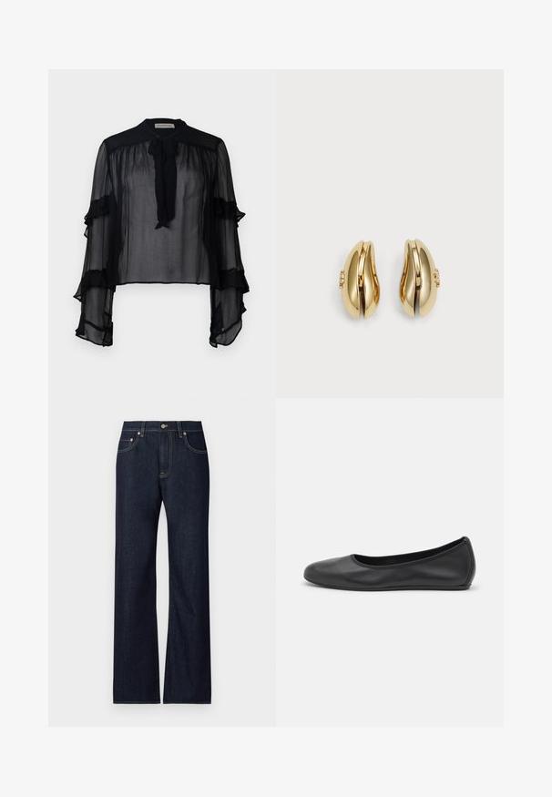 Crna prozirna bluza s dugim, naboranim rukavima i vezicom oko vrata. Karakterizira ju lagani materijal i opušteni kroj, pogodan za slojevito kombiniranje.; Tamno plave traperice sa ravnim nogavicama, s pet džepova, kontrastnim žutim koncem i metalnim kopčanjem.; Crne kožne baletanke s zaobljenim vrhom, glatke teksture, minimalnim detaljima šavova i fleksibilnim dizajnom potplata.; Naušnice zlatne boje s fluidnim, zakrivljenim dizajnom. Svaka naušnica ima glatku površinu i mali zatvarač s ukrasnim detaljem.