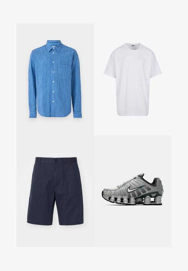 Blaues Langarmhemd mit horizontalen Streifen. Verfügt über eine durchgehende Knopfleiste, einen Kragen und eine Brusttasche. Hergestellt aus einem strukturierten Stoff.; Weiße Baumwoll-T-Shirt mit kurzen Ärmeln, rundem Ausschnitt, lockerer Passform und ohne sichtbare Logos oder Muster. Glatte Textur und minimalistisches Design.; Marineblaue Shorts aus leichtem Material mit Knopfverschluss, Seitentaschen, geradem Schnitt und sichtbaren Nähten.; Grauer und schwarzer Nike-Laufschuh mit sichtbarer federähnlicher Dämpfung unter der Sohle und einem weißen Swoosh-Logo an der Seite.