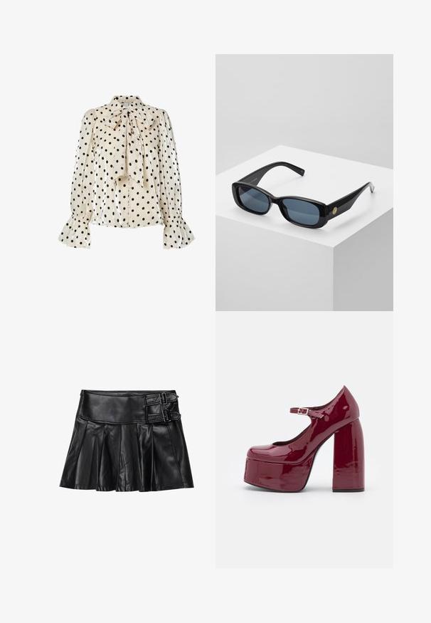 Crèmeblouse met zwarte stippen, een striknek en lange pofmouwen met uitlopende manchetten; gemaakt van gladde, glanzende stof.; Zwart leren rok met plooien, brede tailleband en twee gespaccents aan de zijkant. Glad textuur met een glanzende afwerking.; Koi Footwear BITTER PLATFORM - Plateaupumps - mauve; Zwarte rechthoekige zonnebril met getinte blauwe lenzen, dikke monturen en een gouden circulaire accent aan de zijkant. Slanke, glanzende afwerking.; Bordeaux handtas van synthetisch materiaal met een gestructureerd ontwerp, voorzien van een afneembare schouderband en een met bloemenpatroon versierde sjaal die aan het handvat is geknoopt.