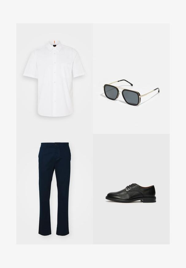 Vit kortärmad skjorta med knappar, gjort av bomull, med en enda bröstficka, klassisk krage och subtila sömnadsdetaljer.; Mörkblå byxor i lätt tyg. Har en rak passform, enkel knappstängning och minimalistisk sömnad.; Tommy Hilfiger VOGUE LTH - Eleganta snörskor - black; Svarta och gyllene solglasögon med fyrkantig form, metallram, mörkgrå linser och svarta terminaler. Har dubbel brodesign.