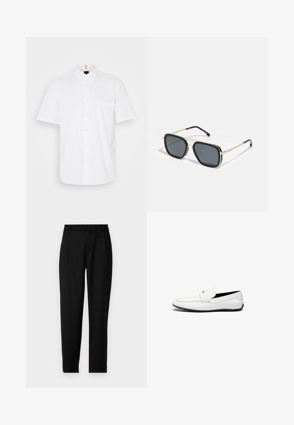 White short-sleeve button-up shirt made of cotton, featuring a single chest pocket, a classic collar, and subtle stitching details.; Black trousers with a straight cut, featuring a waistband with elastic at the back, and a front button closure. Made of smooth fabric.; White leather loafers with a smooth finish, featuring a stitched accent, a rounded toe, and a black rubber sole for grip.; Black and gold sunglasses with a square shape, metallic frame, dark gray lenses, and black temple tips. Features double bridge design.