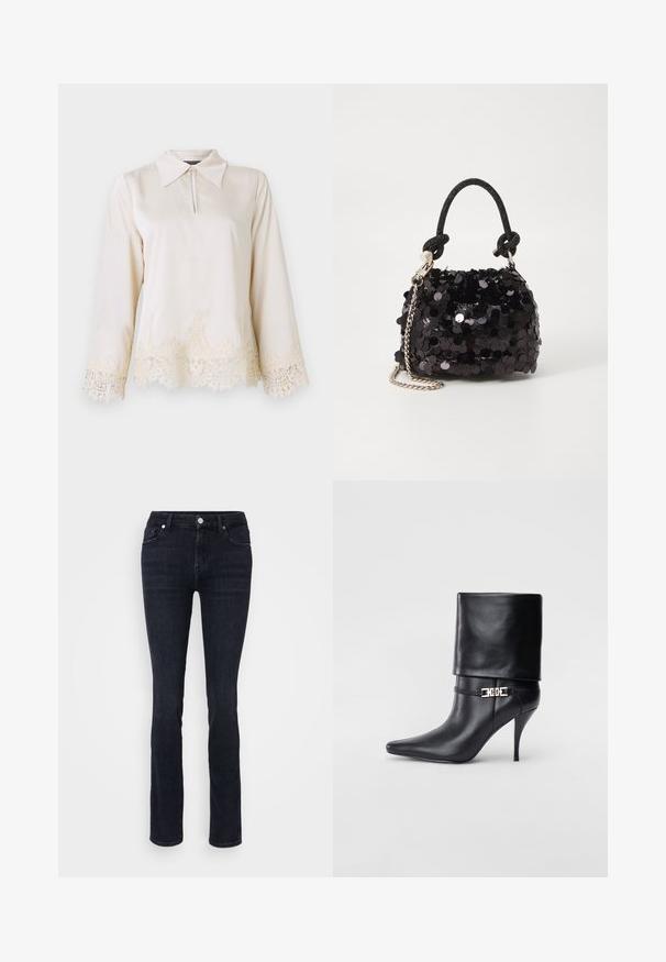 Cream blouse with a collared neckline, zip front, and long sleeves featuring intricate lace trim at the hem and sleeve edges.; Dark blue straight-leg jeans made of denim, featuring five pockets, a button closure, and minimal stitching detail.; Black leather ankle boot with a pointed toe, high stiletto heel, fold-over cuff, and a gold decorative buckle detail on the ankle.; Black sequin mini handbag with a knotted textured strap and silver chain. Rounded shape with gathered top and reflective detailing.