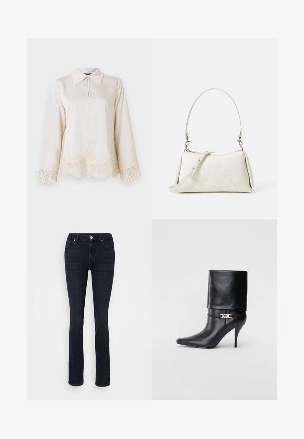 Kremowa bluzka z kołnierzykiem, zapinana z przodu na zamek, z długimi rękawami, które zdobione są misterną koronką na dole oraz na brzegach rękawów.; Ciemnoniebieskie dżinsy straight leg wykonane z denimu, z pięcioma kieszeniami, zapięciem na guzik oraz minimalistycznymi szwami.; Czarne skórzane botki za kostkę z ostrym noskiem, wysokim obcasem w kształcie stiletto, z załamanym mankietem oraz złotym dekoracyjnym zapięciem na kostce.; Biała torebka o gładkiej fakturze, wygiętej sylwetce i regulowanym pasku na ramię. Posiada subtelny wzór logo oraz srebrne akcenty.