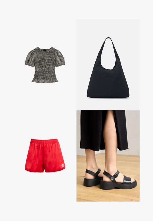 Czarna i biała bluzka w kratę z marszczonym przodem, krótkimi bufkami i falbaną na dole. Wykonana z lekkiego, teksturowanego materiału.; Czerwone szorty sportowe z elastycznym pasem, białym wykończeniem na dole i subtelnym połyskiem. Posiadają logo Adidas w białym kolorze na dolnej lewej stronie.; Czarne skórzane sandały na platformie z regulowanymi paskami wokół kostki i szerokimi paskami z przodu, z teksturowaną podeszwą i minimalistycznym wzornictwem.; Czarna torba z tkaniny z jedną szeroką rączką na ramię. Miękki, półstrukturalny kształt oraz gładka tekstura; minimalistyczny design, bez widocznych elementów metalowych.