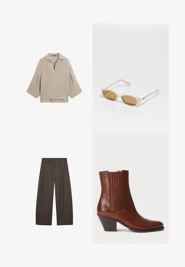 Lichtbeige linnen blouse met een gestructureerd, gekreukt oppervlak, een scherpe kraag en driekwartmouwen, met een ontspannen pasvorm en v-hals.; Bruine, wijde broek van textuurstof met een geplooide voorkant, riemlussen en knoopaccenten aan de zoom.; Bruine leren enkelboot met een spitse neus en een stapelhak, voorzien van verticale ribbelaccenten aan de zijkanten en verfijnde stikdetails.; Rechthoekige zonnebril met een transparant frame, bruin getinte lenzen, gouden metalen accenten en doorzichtige armen. Glad oppervlak, modern ontwerp.; Donkerbruine driehoekige geweven leren handtas met een enkele gevlochten handgreep en een zichtbare ritssluiting aan één kant.