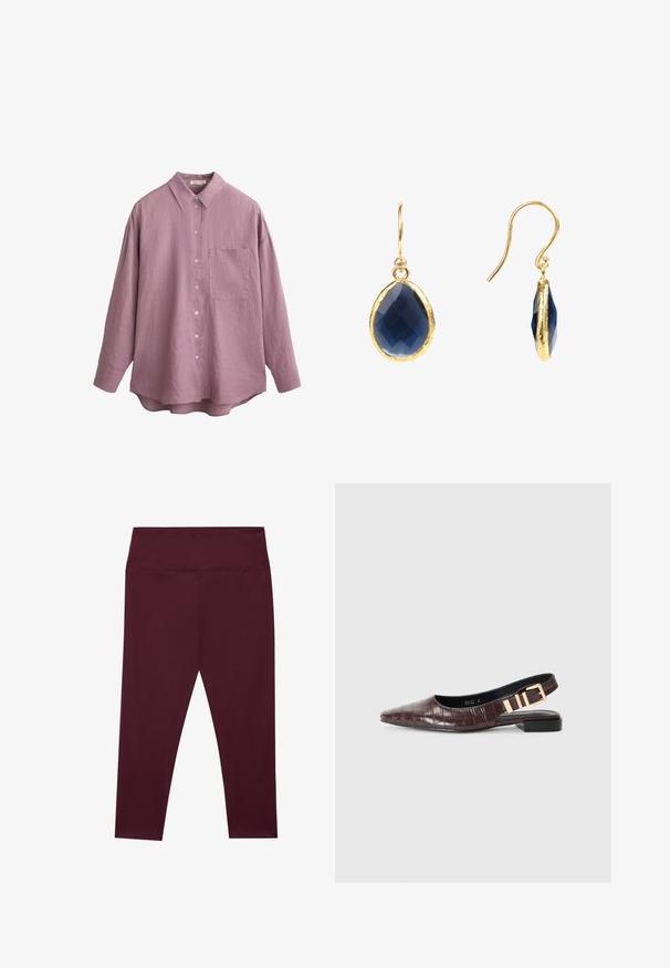 Koszula z długim rękawem w jasnofioletowym kolorze, z klasycznym kołnierzykiem, guzikami z przodu i jedną kieszenią na piersi. Teksturowana faktura, luźny krój.; Bordowe legginsy z wysokim stanem, wykonane z gładkiego, elastycznego materiału. Posiadają bezszwową konstrukcję bez zewnętrznych kieszeni.; RAID RUCHI brązowy; Złote kolczyki z niebieskim kamieniem w kształcie łzy, posiadającym fasetowaną powierzchnię i teksturowane osadzenie.