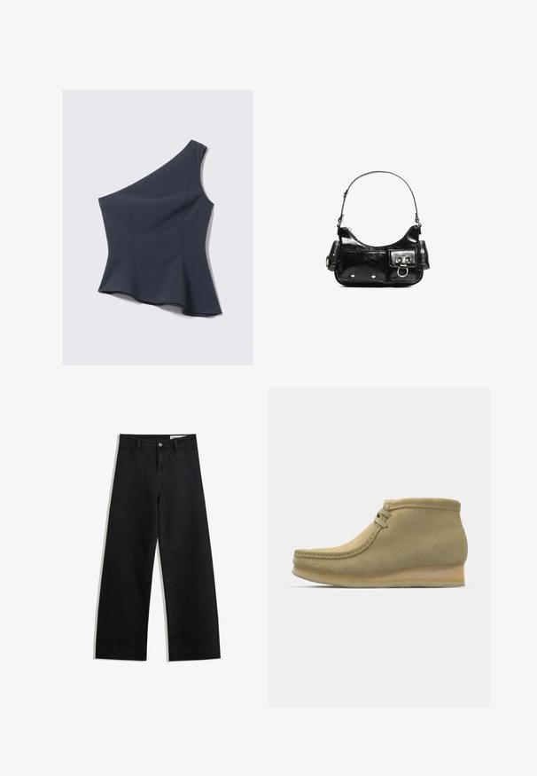 Asymmetrisk marineblå topp med en enkel skulderstropp, peplumkant, laget av glatt stoff, med klare sømmer og en tettsittende silhuett.; Mustat leveät farkut korkealla vyötäröllä, joissa on etu- ja takataskut, ommellut saumat ja nappisuljenta. Silkinoinen rakenne.; Beige mokkasiinin nahkasaappaat, joissa on pyöreä kärki, vähäiset saumat, pieni korko ja nauhakiristys säädettävään sopivuuteen.; Mustekko mustasta kiiltonahasta valmistettu käsilaukku, jossa on kaareva muoto, yksi olkahihna, etutaskut ja hopeanväriset yksityiskohdat.