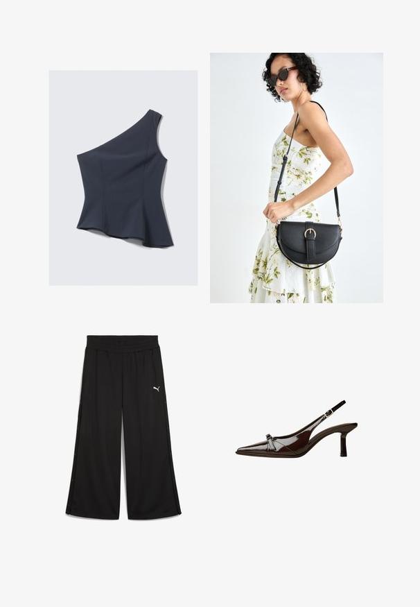 Asymmetrical navy top with a single shoulder strap, peplum hem, made of smooth fabric, featuring clean seams and a fitted silhouette.; Black sports pants with an elastic waistband, side snap buttons, and a white Puma logo on the front. Made of lightweight fabric.; Brown patent leather slingback shoe with pointed toe, low heel, and a decorative bow accent on the front. Smooth, shiny texture.; Black leather handbag with a curved shape, detachable strap, and gold hardware. The bag features a flap with a buckle detail.