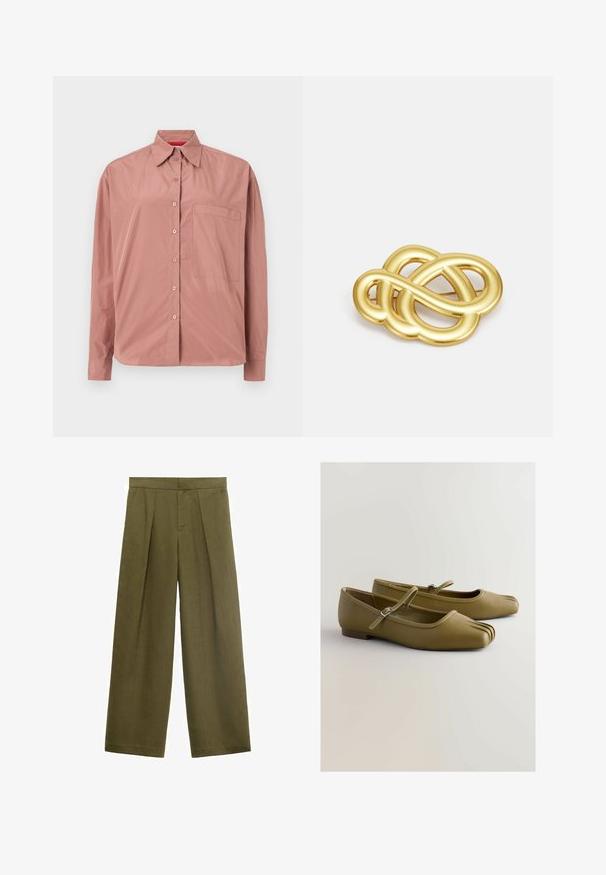 Camisa de manga larga y con botones en rosa polvo, fabricada con una tela suave. Presenta un bolsillo en el pecho y un cuello estructurado. Los botones son del mismo color.; Pantalones de pierna ancha color verde oliva, fabricados en una tela texturizada, con pliegues en la parte delantera y cierre de cremallera, con un corte recto y sin bolsillos visibles.; Zapatos planos de piel verde oliva con punta redondeada, pliegues frontales y correa con hebilla. Suela plana y textura suave. Diseño minimalista.; Broche en tono dorado con un diseño anudado que presenta líneas suaves y curvas, con una forma intrincada que refleja un acabado pulido.