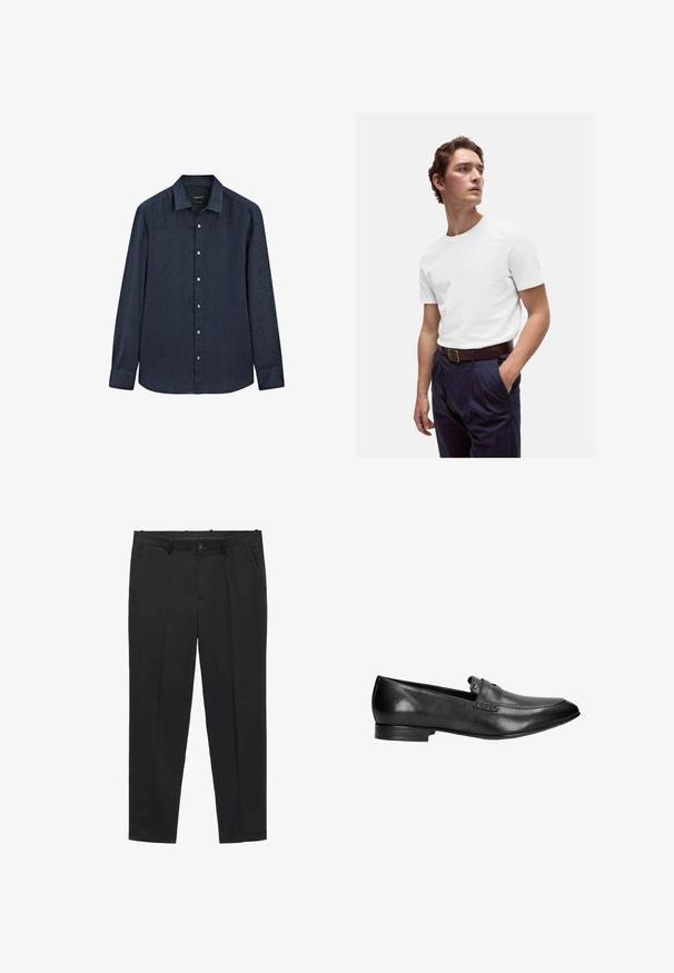 Massimo Dutti SLIM FIT GARMENT - Camicia - dark blue; T-shirt bianca in cotone con scollo rotondo, indossata con pantaloni plissettati blu navy e una cintura in pelle marrone con fibbia dorata.; Pantaloni neri su misura realizzati in tessuto liscio, con vita piatta, passanti per la cintura e tasche laterali. Design a gamba dritta.; Mocassini in pelle nera con tacco basso, punta arrotondata e cuciture decorative. Presentano una sottile fascia sul davanti con un'incisione metallica.