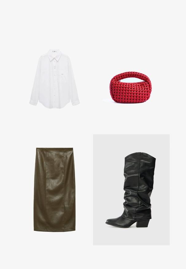 Biela košeľa na gombíky vyrobená z hladkej tkaniny. Má klasický golier, dlhé rukávy a malú náprsné vrecko s detailom na gombík.; Olívovo zelená sukňa z imitácie kože typu ceruzka s hladkou textúrou, po kolená, s vertikálnymi švami pre upravený vzhľad.; Čierne kožené čižmy po kolená so sklopeným dizajnom, špicatou špičkou a masívnym opätkom, s hladkým povrchom a minimálnym šitím.; Červená tkaná kabelka s rounded hornou rúčkou a zipsovým uzáverom, so štruktúrovaným, preplietaným vzorom na mäkkom, flexibilnom materiáli.; Červené korálkové kruhové náušnice s textúrovaným povrchom a zlatým postranným zapínaním. Kruhový tvar s otvoreným stredom a zaoblenými detailmi z korálok.
