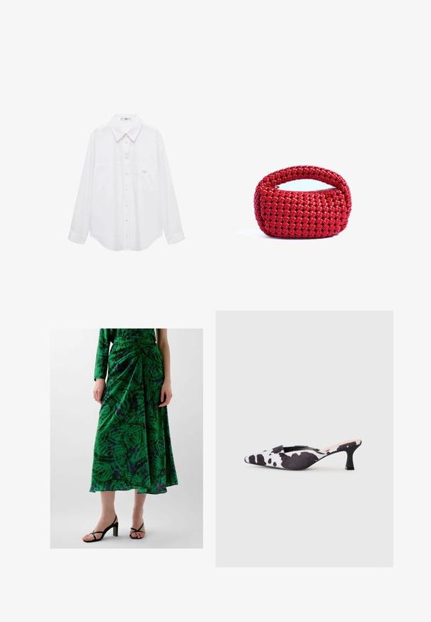 Hvid skjorte med knapper i glat stof. Har en klassisk krave, lange ærmer og en lille brystlomme med en knapdetalje.; Grøn nederdel med mønster og rynket design, lavet af letvægtsstof. Har lilla og sorte detaljer. Bæres med sorte hæl-sandaler.; Spidse slingback hæle i sort og hvid ko-print design. Stofoverdel med en tekstureret finish og en slank sort hæl.; Rød vævet håndtaske med et afrundet topgreb og lynlås, der har et tekstureret, sammenflettet mønster på et blødt, fleksibelt materiale.; Røde perleørehængere med en struktureret overflade og en guldtonet lukning. Cirkulær form med åben midte og rund perledetaljering.