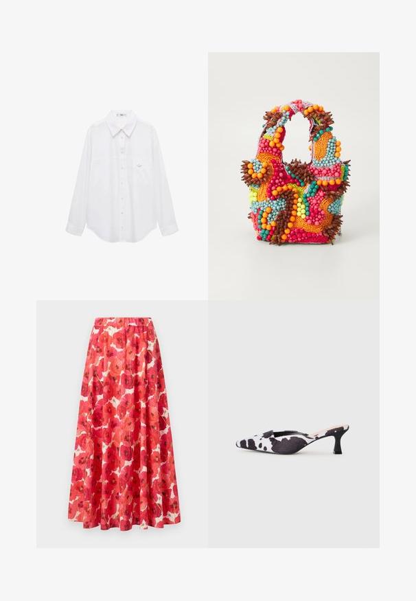 Witte shirt met knoopjes, gemaakt van gladde stof. Heeft een klassieke kraag, lange mouwen en een klein borstzakje met een knoopdetail.; Rok met een elastische tailleband, versierd met een bloemenpatroon van rode en roze klaprozen op een witte achtergrond. Vloeiende A-lijn vorm, van lichtgewicht stof.; Puntige slingbackhakken in zwart-wit koeienprintdesign. Bovenwerk van stof met een gestructureerde afwerking en een slanke zwarte hak.; Beaded handtas met levendige kleuren: roze, oranje, blauw en bruin. Getextureerd oppervlak met ronde kralen en organische vormen, stevige handvatten.; Rode kralen oorbellen in een ringvorm met een gegroefde oppervlakte en een gouden sluiting. Cirkelvormig met een open midden en afgeronde kraaldetails.