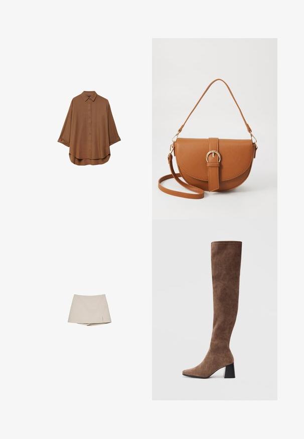 Bruine overhemd met knopen gemaakt van lichte stof. Heeft een klassieke kraag, lange mouwen met oprolmanchetten en een afgeronde zoom.; Beige dames skort met een lichte split aan de voorkant en een vastgeknoopte korte broek eronder, weergegeven tegen een witte achtergrond.; Bruine boven-de-knie laarzen van zacht suede met een spitse neus en een chunky zwarte hak. Het ontwerp heeft naadloze stiksels voor een strakke uitstraling.; Bruine leren schoudertas met een gebogen vorm, gouden hardware en een gespaccent. Bevat een afneembare schouderriem.