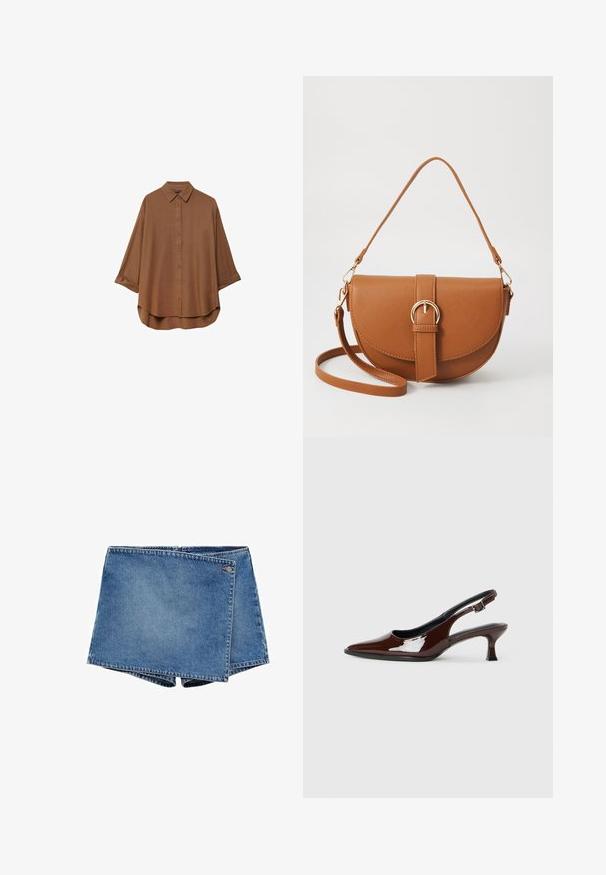 Bruine overhemd met knopen gemaakt van lichte stof. Heeft een klassieke kraag, lange mouwen met oprolmanchetten en een afgeronde zoom.; Denim shorts in mid-blauw met een uniek overlappend ontwerp. Heeft een ritssluiting en een klein logo-accent op de tailleband.; Bruine gepatineerde leren slingback-schoen met een spitse neus en een gematigd hakje. Voorzien van een gespsluiting voor een veilige pasvorm. Glad van textuur.; Bruine leren schoudertas met een gebogen vorm, gouden hardware en een gespaccent. Bevat een afneembare schouderriem.