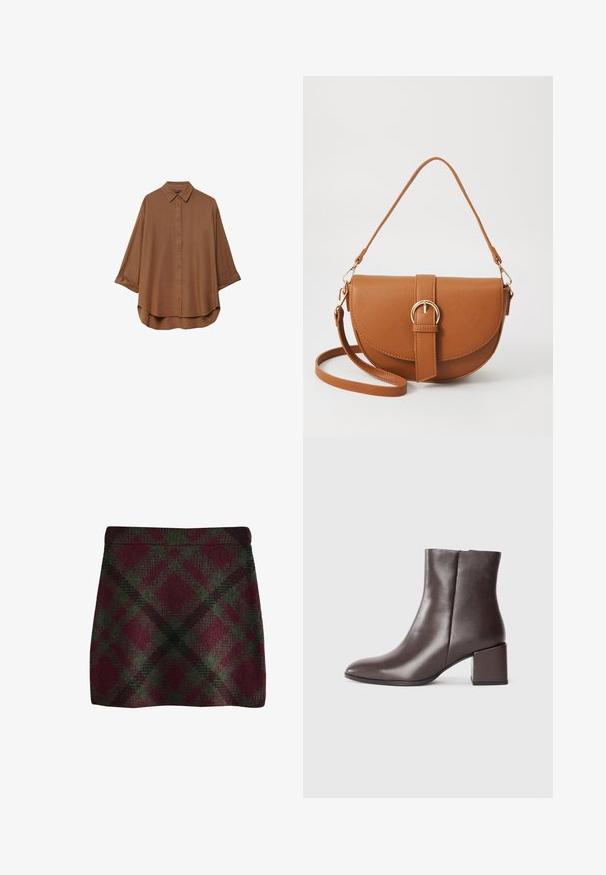 Brown button-up shirt made of lightweight fabric. Features a classic collar, long sleeves with rolled cuffs, and a rounded hemline.; Wool skirt in burgundy with green diamond plaid pattern. Features a fitted design and seamless waist. Soft texture, suitable for autumn wear.; Brown leather ankle boot with a sleek design, pointed toe, and square block heel. Smooth texture and minimalistic silhouette.; Brown leather crossbody bag with a curved shape, gold hardware, and a buckle accent. Features a detachable shoulder strap.