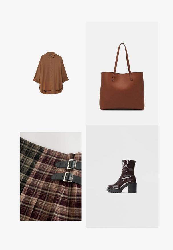 Brun skjorte med knapper lavet af letvægtsstof. Har en klassisk krave, lange ærmer med oprullede manchetter og en rund bund.; Kilt-inspireret nederdel i ternet stof med nuancer af sort, beige og bordeaux. Inkluderer to sorte læderremme med sølvspænder.; Glatte burgunder ankelstøvler med en chunky sort hæl, der har en glat tekstur og et simpelt design. Ingen synlige lukninger eller mønstre.; Brun læder tote taske med en glat overflade, åben topdesign og to skulderremme. Har minimal syning og ingen synlig hardware.