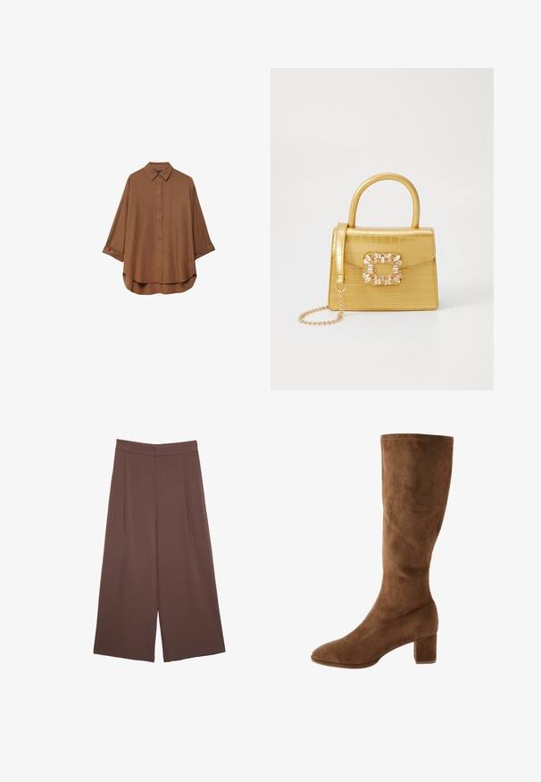 Camicia marrone con bottoni realizzata in tessuto leggero. Presenta un colletto classico, maniche lunghe con polsini arrotolati e un orlo arrotondato.; Pantaloni ampi marroni con una texture liscia, caratterizzati da una vita alta e pieghe frontali. Il tessuto è leggero e scorre liberamente.; Stivale marrone in suede alto fino al ginocchio, con punta affusolata e tacco a blocco, caratterizzato da una texture liscia e cuciture pulite lungo i bordi.; Borsa finta coccodrillo gialla con design strutturato, manico superiore, tracolla a catena removibile e abbellimenti in cristallo decorativi sulla chiusura.