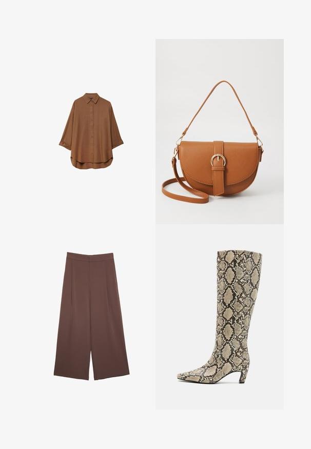 Brązowa koszula zapinana na guziki wykonana z lekkiego materiału. Posiada klasyczny kołnierzyk, długie rękawy z podwiniętymi mankietami oraz zaokrąglony dół.; Brązowe spodnie o szerokich nogawkach z gładką fakturą, z wysokim stanem i plisami z przodu. Materiał jest lekki i luźno opada.; Bianco BIACLARA biały; Brązowa skórzana torba na ramię o zaokrąglonym kształcie, ze złotymi akcentami i zapięciem w formie klamry. Posiada odpinany pasek na ramię.