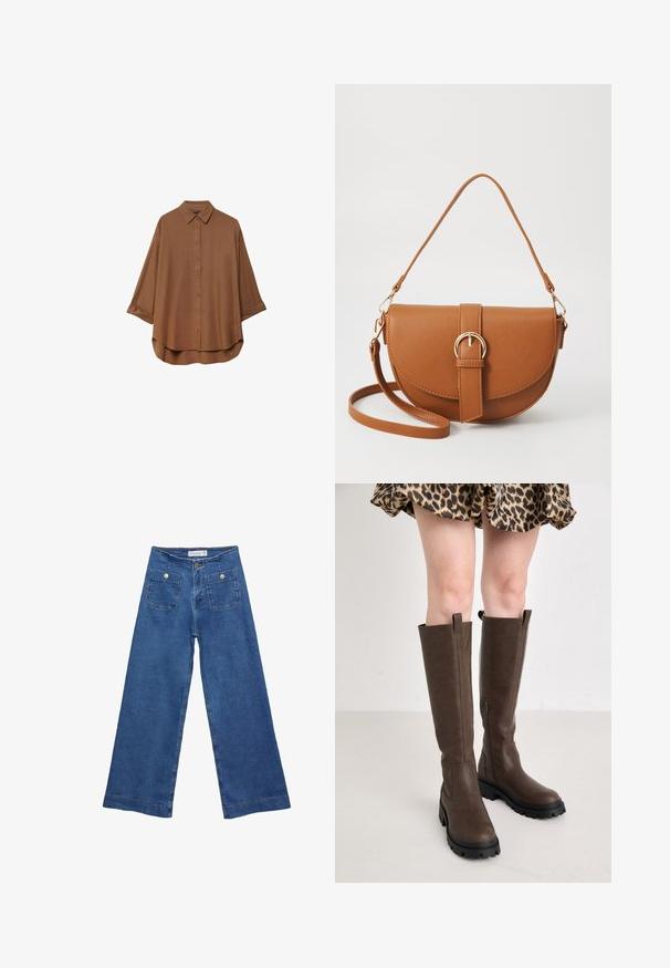 Hnedá košeľa s gombíkmi vyrobená z ľahkého materiálu. Má klasický golier, dlhé rukávy s vyhrnutými manžetami a zaoblený lem.; Džínsy s širokými nohavicami v stredne modrej farbe, s dvoma prednými vreckami na gombíkovné zapínanie a šitými detailmi pozdĺž lemov.; Hnedé čižmy po kolená s textúrovaným povrchom, vybavené pevným čiernym gumovým podpätkom a bočnými zipsami na zapínanie.; Hnedá kožená kabelka cez telo s zakriveným tvarom, zlatými kovovými doplnkami a akcentom s prackou. Obsahuje odnímateľný ramenný popruh.