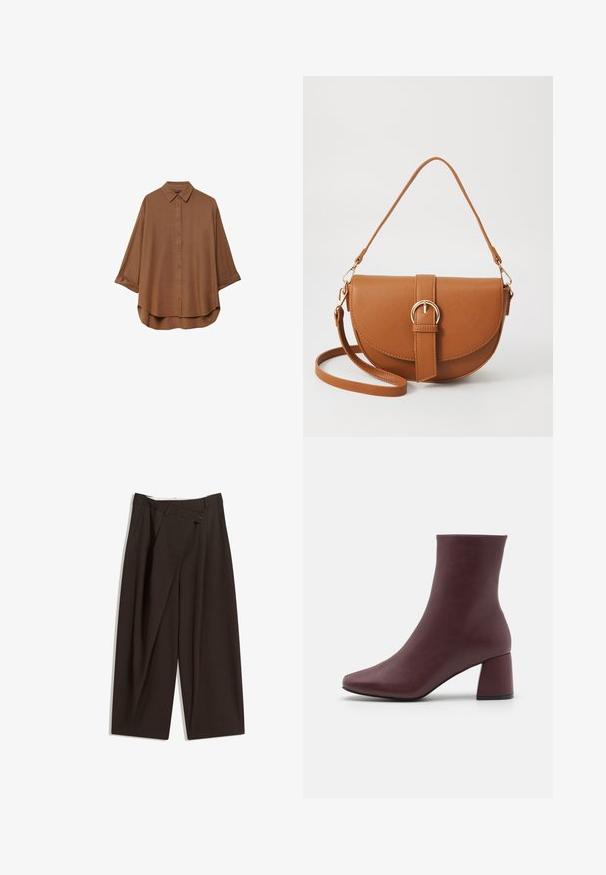 Chemise brune à boutons, fabriquée en tissu léger. Présente un col classique, des manches longues avec des poignets retournés et un ourlet arrondi.; Pantalons larges marron foncé à taille haute, dotés d'une fermeture à un bouton et d'un devant plissé. Confectionnés en tissu léger.; ONLY SHOES ONLBRIELLE - Boots à talons - dark red; Sac bandoulière en cuir marron avec une forme incurvée, quincaillerie dorée et un accent en boucle. Comprend une bandoulière détachable.