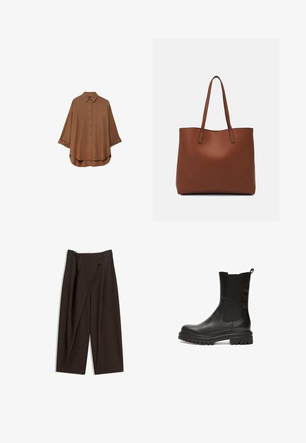 Brązowa koszula zapinana na guziki wykonana z lekkiego materiału. Posiada klasyczny kołnierzyk, długie rękawy z podwiniętymi mankietami oraz zaokrąglony dół.; Ciemnobrązowe szerokie spodnie o wysokim stanie, z pojedynczym zapięciem na guzik i plisowanym przodem. Wykonane z lekkiego materiału.; Czarne skórzane botki za kostkę z elastycznymi panelami bocznymi, okrągłym czubkiem i grubą, teksturowaną gumową podeszwą z głębokim bieżnikiem zapewniającym przyczepność.; Brązowa skórzana torba tote o gładkiej fakturze, z otwartym wierzchem i dwoma ramiączkami. Charakteryzuje się minimalnym przeszyciem i brakiem widocznych elementów metalowych.