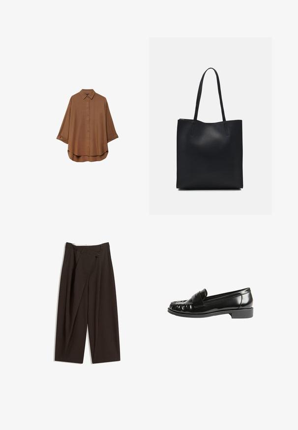 Brun skjorte med knapper lavet af letvægtsstof. Har en klassisk krave, lange ærmer med oprullede manchetter og en rund bund.; Mørkebrune brede bukser med høj talje, udstyret med en enkelt knaplukning og en plisseret front. Lavet af letvægtsstof.; Sorte læder loafers med en blank finish, der har en rund tå, stikninger og en lav blokhæl. Glat tekstur og klassisk design.; Sort læder tote taske med glat tekstur, rektangulær form og to lange hanke. Ingen synlig hardware eller udsmykninger.