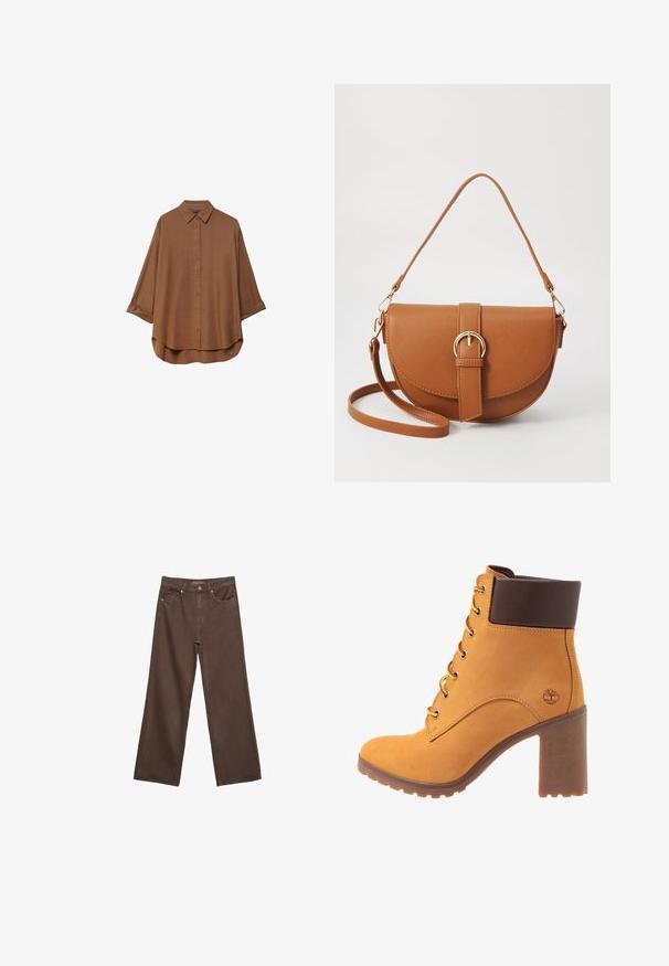 Camicia marrone con bottoni realizzata in tessuto leggero. Presenta un colletto classico, maniche lunghe con polsini arrotolati e un orlo arrotondato.; Jeans a gamba larga marroni in denim, con vita alta, tasche anteriori e chiusura a bottone classica. Tessuto liscio con cuciture sottili.; Stivaletto alla caviglia in suede beige con colletto in pelle marrone, lacci gialli e rossi, e tacco grosso marrone. Presenta un logo ad albero sul lato.; Borsa a tracolla in pelle marrone con forma curvata, hardware dorato e un dettaglio con fibbia. Presenta una tracolla rimovibile.