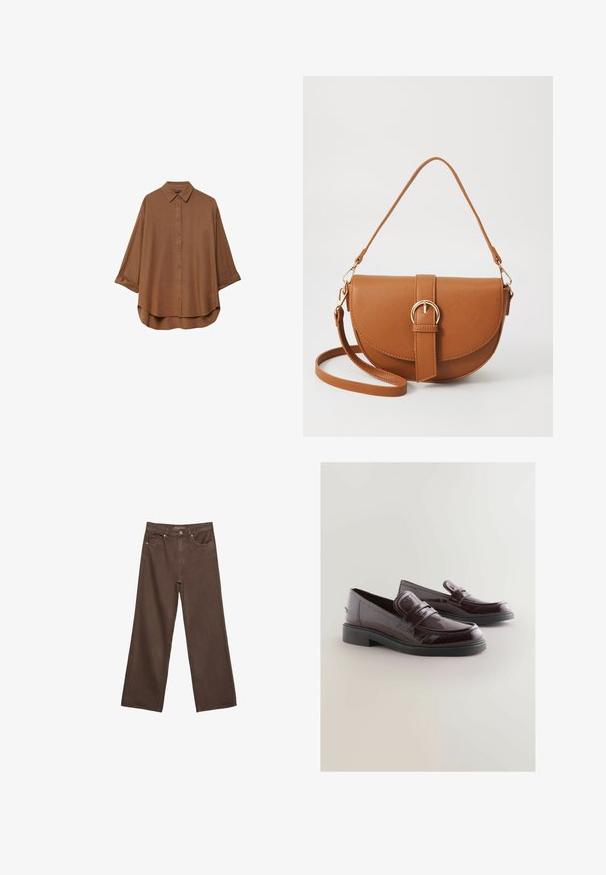 Brun skjorta med knappar i lättviktsmaterial. Har en klassisk krage, långa ärmar med uppvikta cuffs och en rundad nederkant.; Breda bruna jeans i denim med hög midja, framfickor och klassisk knäppning. Slät textur med subtil sömnad.; Burgundy patenterade läderskor med rund tå, vadderad innersula och svart gummisula. Har ett dekorativt band tvärs över framsidan.; Brun läder crossbody-väska med en böjd form, gyllene detaljer och en spänneaccent. Har en avtagbar axelrem.