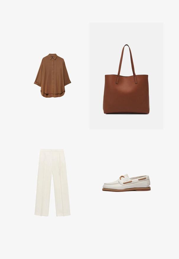 Ruskean napillinen paita, joka on valmistettu kevyestä kankaasta. Siinä on klassinen kaulus, pitkät hihat, joissa on käännetyt hihansuut, ja pyöristetty helma.; Valkoiset leveälahkeiset housut vaaleassa kermassa. Valmistettu sileästä kankaasta, jossa on laskokset edessä ja sivutaskut.; Valkoinen nahkainen venekenkä, jossa on sileä pinta, tan-väriä korostavia yksityiskohtia, nauhakiinnitys ja kumipohja. Minimalistinen muotoilu, jossa on huomaamaton tikkaus.; Ruskea nahkainen olkalaukku, jossa on sileä pinta, avoin yläosa ja kaksi olkahihnaa. Omaavat vain minimaalisen ompelun eikä näkyvää metalliosaa.