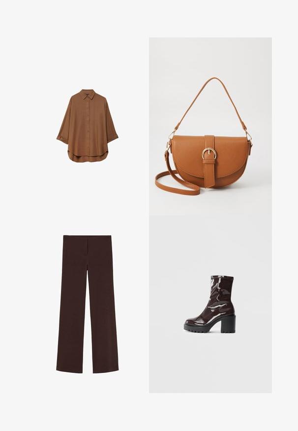 Rjava srajca s kratkimi rokavi, izdelana iz lahkotnega materiala. Ima klasičen ovratnik, dolge rokave s podloženimi manšetami in zaobljen rob.; Rjave široke hlače iz elastičnega materiala. Imajo gladko teksturo in preprost, čist dizajn brez dodatnih okraskov.; Sijajan škrlatank z bleščečim videzom, z masivnim črnim peto, ki se ponaša z gladko teksturo in preprostim dizajnom. Brez vidnih zapenjal ali vzorcev.; Rjava usnjena torbica prek telesa s ukrivljeno obliko, zlate opreme in sponko. Ima odstranljiv naramni trak.