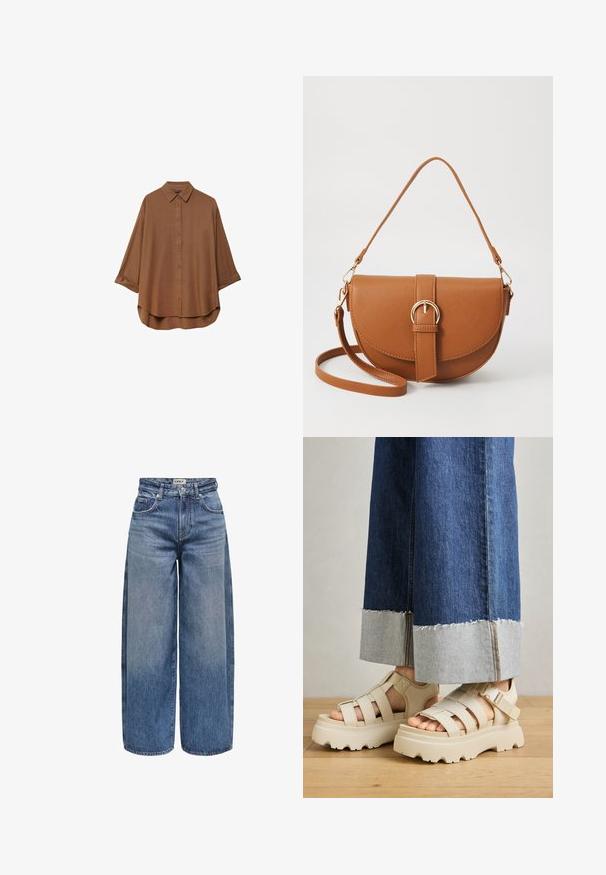 Braunes Button-Down-Hemd aus leichtem Stoff. Es hat einen klassischen Kragen, lange Ärmel mit umgeschlagenen Manschetten und einen abgerundeten Saum.; Weite Jeans aus Denim in Mittelblau mit hoher Taille, sichtbaren Nähten, fünf Taschen und einem Knopfverschluss vorne.; Beige Plattform-Sandalen mit dicken Sohlen verfügen über ein Riemchen-Design und verstellbare Knöchelriemen. Getragen zu weit geschnittenen Denim-Hosen, ist ein Saum ausgefranst.; Braune Leder-Crossbody-Tasche mit geschwungener Form, goldfarbenen Beschlägen und einer Schnallenakzentuierung. Verfügt über einen abnehmbaren Schultergurt.
