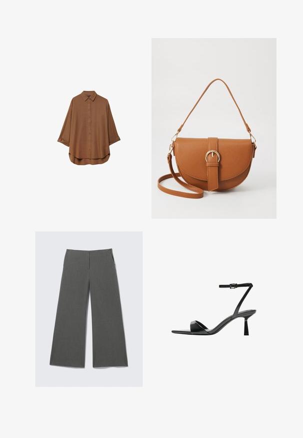 Camicia marrone con bottoni realizzata in tessuto leggero. Presenta un colletto classico, maniche lunghe con polsini arrotolati e un orlo arrotondato.; Pantaloni a gamba larga grigi con un sottile motivo a righe, dotati di due tasche laterali e un design della vita liscio.; Bershka Sandali con tacco - black; Borsa a tracolla in pelle marrone con forma curvata, hardware dorato e un dettaglio con fibbia. Presenta una tracolla rimovibile.
