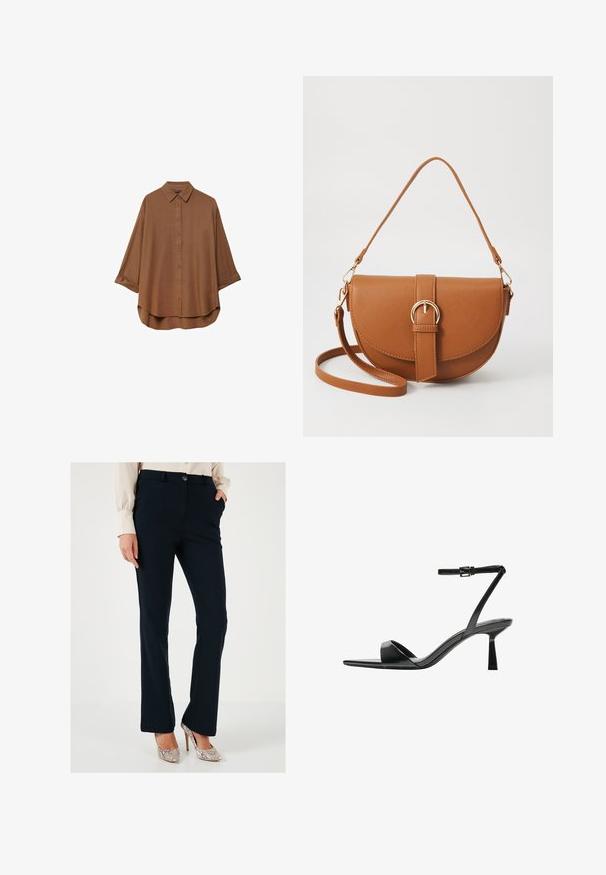Bruine overhemd met knopen gemaakt van lichte stof. Heeft een klassieke kraag, lange mouwen met oprolmanchetten en een afgeronde zoom.; Marineblauwe op maat gemaakte broeken met een soepele textuur, rechte pijpen, zijzakken en een knoopsluiting, gecombineerd met metallic hakken.; Bershka Sandalen met hoge hak - black; Bruine leren schoudertas met een gebogen vorm, gouden hardware en een gespaccent. Bevat een afneembare schouderriem.