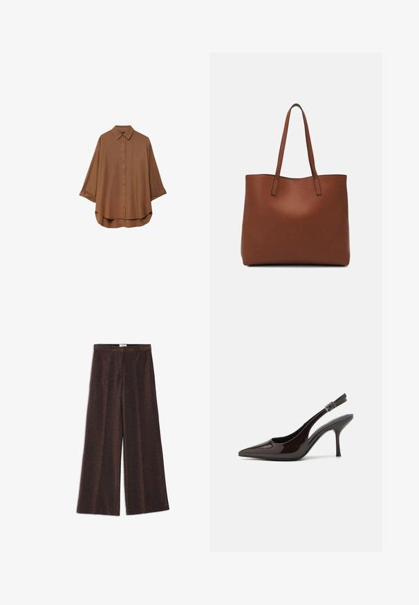 Braunes Button-Down-Hemd aus leichtem Stoff. Es hat einen klassischen Kragen, lange Ärmel mit umgeschlagenen Manschetten und einen abgerundeten Saum.; Braune weit geschnittene Hose mit einem subtilen Schimmer, die eine glatte Textur aufweist und zwei vordere Falten für zusätzliche Form hat. Keine sichtbaren Beschläge oder Akzente.; Slingback-Pumps aus glänzendem dunklen braunen Lackleder, mit spitzer Zehenpartie, offenen Seiten und verstellbarem Knöchelriemen.; Braune Leder-Tote mit glatter Textur, offenem Oberteil und zwei Schulterriemen. Verfügt über minimale Nähte und keine sichtbaren Beschläge.