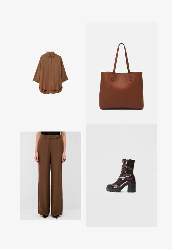 Brązowa koszula zapinana na guziki wykonana z lekkiego materiału. Posiada klasyczny kołnierzyk, długie rękawy z podwiniętymi mankietami oraz zaokrąglony dół.; Brązowe spodnie o szerokich nogawkach z gładką teksturą, z paskami na pasek i plisami, w połączeniu z czarnymi butami na obcasie dla uzyskania kontrastowego wyglądu.; Błyszczące bordowe botki za kostkę z masywną czarną obcasem, charakteryzujące się gładką teksturą i prostym wzornictwem. Brak widocznych zapięć lub wzorów.; Brązowa skórzana torba tote o gładkiej fakturze, z otwartym wierzchem i dwoma ramiączkami. Charakteryzuje się minimalnym przeszyciem i brakiem widocznych elementów metalowych.