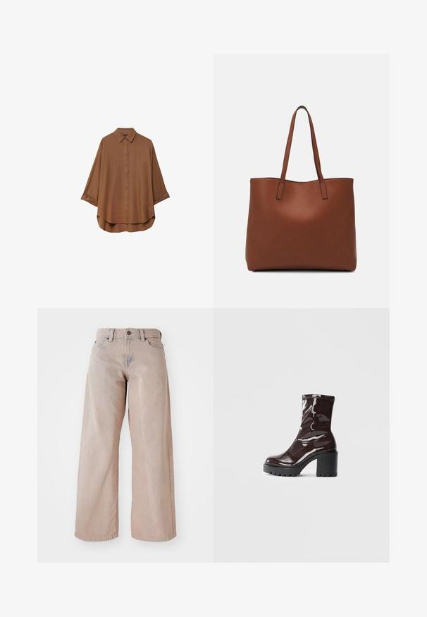 Smeđa košulja s dugim rukavima izrađena od laganog materijala. Ima klasični ovratnik, duge rukave s preklopnim manžetama i zaobljeni rub.; Bež traperice s širokim nogavicama, visokim strukom, pet džepovima i kopčanjem na dugme. Tkanina ima mekanu teksturu i blago izblijedjenje sprijeda.; Sjajna burgundska čizma do gležnja s debelim crnim potplatom, koja se odlikuje glatkom teksturom i jednostavnim dizajnom. Nema vidljivih kopčanja ili uzoraka.; Smeđa kožna torba preko ramena s glatkom teksturom, otvorenim vrhom i dvjema naramenicama. Ima minimalne šavove i nema vidljivog hardvera.