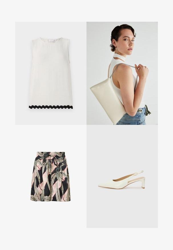 Bezrokavni top v kremnem lanu z okroglo ovratnico in teksturirano tkanino; ima črno valovito obrobo na robu.; Krilo s cvetličnim vzorcem na črni podlagi, elastičnim pasom, podrobnostjo z vrvico in lahkotno, gladko teksturo.; Bele begaste usnjene slingback čevlje z ostrim nosom in nizkim blokastim peto. Imajo diskreten trak z zlatim podrobnostim s sponko.; Bela pravokotna torbica za ključe iz sijajnega materiala, opremljena s srebrno verižico. Model pozira in prikazuje torbico na enobarvni podlagi.