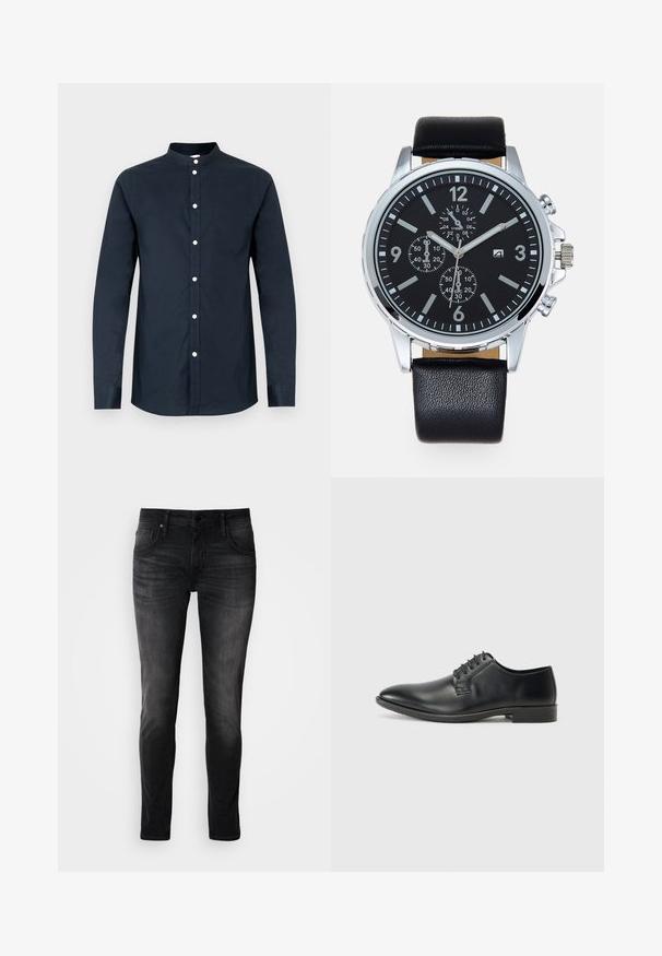 Men's dark navy long-sleeve shirt made of cotton, featuring a band collar, front buttons, and a left chest pocket. Smooth texture.; Black denim jeans with a slim fit, five-pocket design, subtle fade, and contrast stitching. Features classic metal button and zipper closure.; Black leather lace-up shoes with a smooth finish, pointed toe, and low block heel. Features five pairs of eyelets for laces.; Black leather strap watch with a silver stainless steel case. Black dial features white hour markers, silver hands, and three sub-dials.