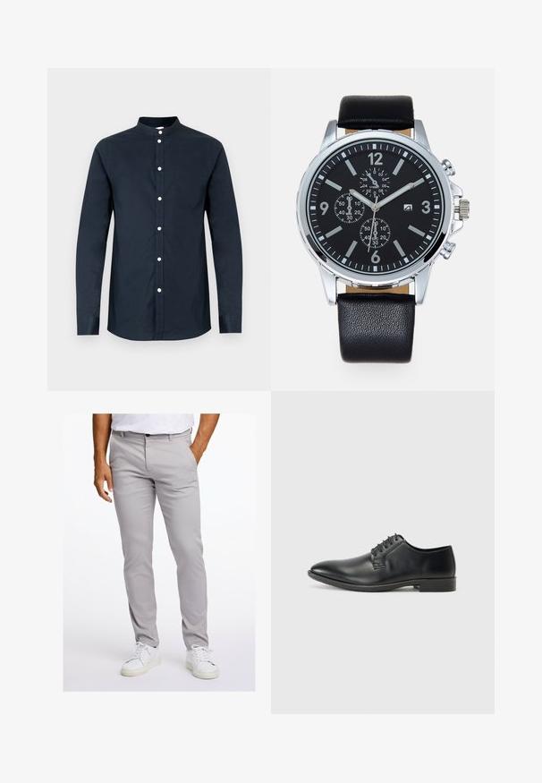 Donkerblauw herenshirt met lange mouwen van katoen, voorzien van een opstaande kraag, knopen aan de voorkant en een borstzakje aan de linkerkant. Gladde textuur.; Lichtgrijze broek van gladde stof, met een slim fit, voorzakken en een standaard tailleband met knoopsluiting. Draagt een witte sneaker.; Zwarte leren veterschoenen met een gladde afwerking, puntige neus en lage blokhak. Voorzien van vijf paar oogjes voor de veters.; Zwarte leren horlogeband met een zilveren roestvrijstalen kast. Zwarte wijzerplaat met witte uurmarkeringen, zilveren wijzers en drie sub-dials.