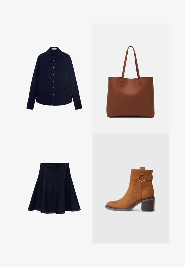 Cămașă cu mâneci lungi de culoare bleumarin, cu guler ascuțit și deschidere frontală cu nasturi, având nasturi cu tonuri aurii pe plastron. Textură netedă.; Fustă A-line din denim de culoare albastru închis, cu cusături galbene contrastante. Prezintă o talie ajustată, cu un tiv evazat, textură netedă și fără embellishments.; Botine din suede maro, cu vârf rotunjit, toc bloc și o curea decorativă cu detaliu în formă de cataramă circulară.; Geantă de umăr din piele maro cu o textură netedă, design cu vârf deschis și două curele pentru umăr. Prezintă cusături minime și fără componente metalice vizibile.