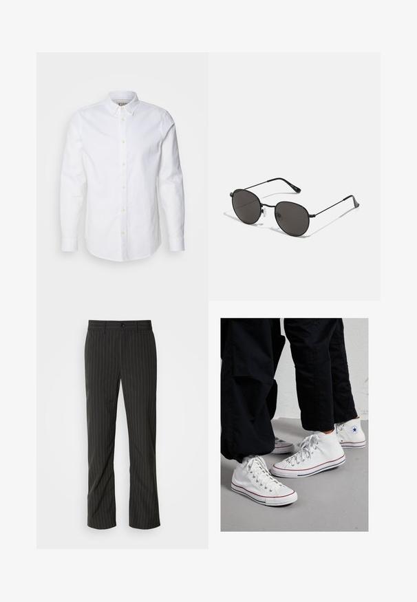 Witte blouse met lange mouwen van katoen, met een gestructureerde kraag, subtiele logo borduursel en lichtbruine knopen.; Zwarte broek met streepjes en een rechte snit. Beschikt over een gladde textuur, een sluiting met knoop aan de voorkant en riemlussen.; Witte canvas hoge sneakers met een rubberen zool, voorzien van zilveren oogjes en rode en marineblauwe strepen langs de zool.; Ronde zonnebril met een dunne zwarte metalen rand, donkere glazen en verstelbare neuskussentjes. De armen hebben een subtiele merkaanpassing.