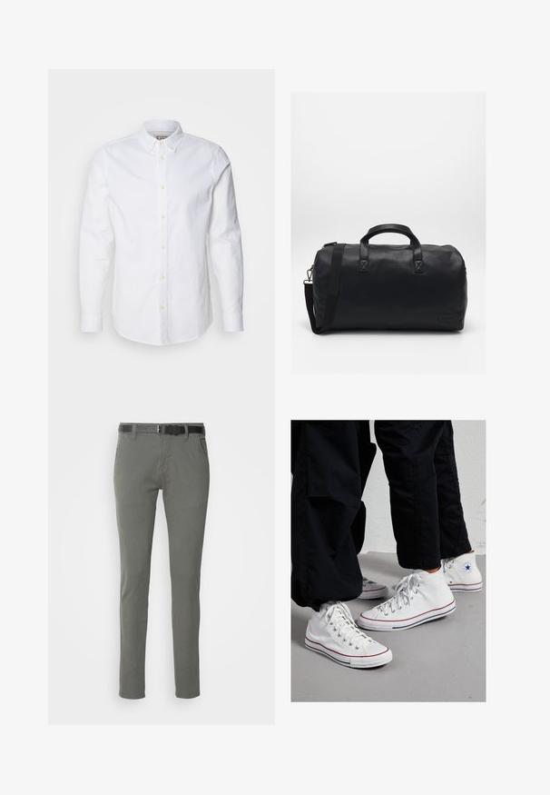 Fehér, hosszú ujjú, gombos ing, pamutból készült, formázott gallérral, diszkrét logóhímzéssel és világos bézs gombokkal.; Szürke pamut chino nadrág, slim fit szabásban, fekete övvel, két oldalsó zsebbel és egyszerű dizájnnal. Puha tapintású, látható minták nélkül.; Fehér vászon magasszárú sportcipők, gumitalppal, ezüst fűzőlyukakkal és piros, valamint tengerészkék csíkokkal a talpon.; Fekete sporttáska textúrált szintetikus anyagból. Két fogantyúval és állítható vállpánttal rendelkezik. Egyszerű kialakítás, látható minták nélkül.