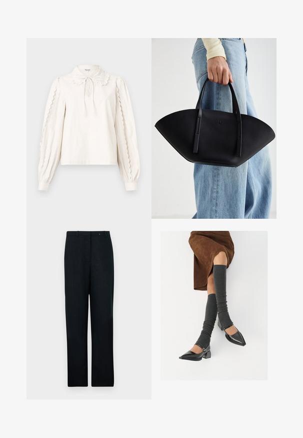 Balta garām piedurknēm blūze ar viļņotām malām piedurkņu galos, ar Pētera Pana apkakli un saišķīgu loku, kā arī ar pogātām aprocēm.; Melni lina bikses ar taisnu kāju dizainu, ar gludu priekšpusi, jostas cilpām un vienu priekšējo kroku. Gluda tekstūra, piegriezums ar precīzu fit.; Melnas laka ādas apavi ar norādītu purngalu, blokveida papēdi un potīšu jostu, saskaņoti ar pelēkām ribotām kāju sildītājām un brūnu zamšādas svārku.; Melnas ādas rokassoma ar unikālu ventilatora formu, aprīkota ar plakaniem rokturiem. Virsma ir ar graudainu faktūru un minimālistisku dizainu.