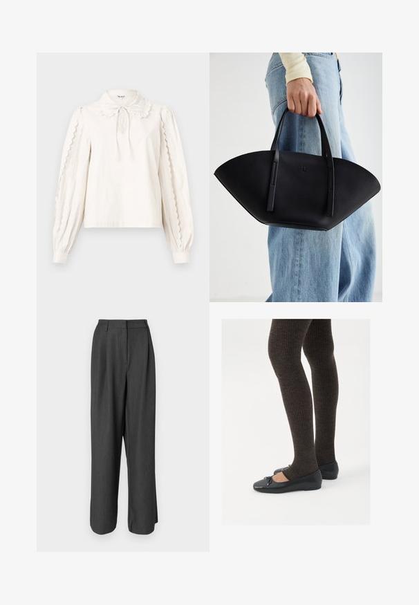 Biela blúzka s dlhými rukávmi a vlnitými okrajmi na rukávoch, s golierom typu Peter Pan a viazanou mašľou, a zapínaním na gombíky na manžetách.; Tmavošedé široké nohavice so strihaním. Majú hladkú textúru, detail zohybovania a stredne vysoký pás.; Čierne ploché topánky s malou mašľou na špičke, v kombinácii s tmavohnedými rebrovanými pančuchami. Topánky majú hladký povrch a nízky profil.; Čierna kožená kabelka s jedinečným tvarom ventilátora, so plochými držadlami. Povrch má štruktúru s brúseným efektom a minimalistic design.