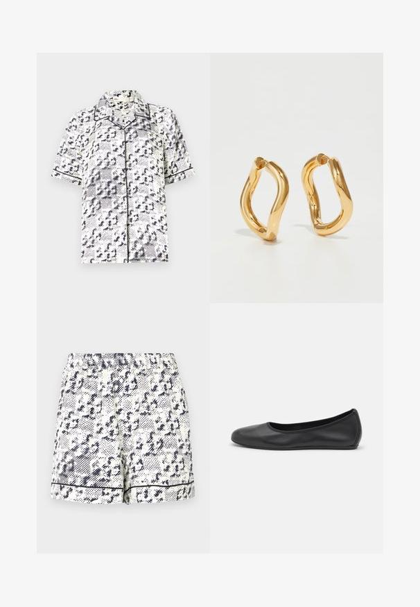 Kortärmad skjorta i vitt med ett marinblått abstrakt mönster, med klassisk krage och kontrasterande svart kant längs kanterna.; Vita shorts med ett svart abstrakt mönster, elastisk midja och enfärgad svart kant längs nederkanten. Tillverkade av ett lättviktsmaterial.; Svart läderballerinaskor med rund tå, slät yta, minimala söm detaljer och en flexibel sula.; Guldgalvaniserade hoopörhängen med en böjd, oregelbunden form och en slät, polerad yta. Inga synliga detaljer eller dekorationer.