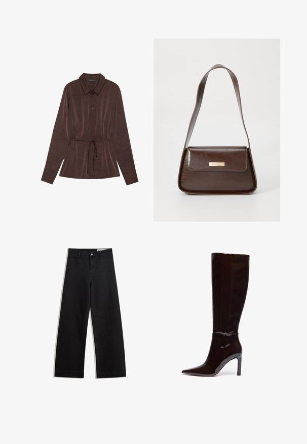 Hnedá košeľa na gombíky s golierom, dlhými rukávmi a viazaným pásom. Mäkko štruktúrovaná tkanina s jemnými vzormi po celom povrchu.; Čierne denimové nohavice s širokými nohavicami a vysokým pásom, so prednými a zadnými vreckami, šitými švami a zapínaním na gombík. Hladká textúra.; Čierne lakované čižmy po kolená s špicatou špičkou a ihlovým podpätkom, s hladkou, lesklou textúrou a elegantným dizajnom.; Hnedá kožená ramenná taška so štruktúrovaným tvarom, vybavená magnetickým uzáverom a metalickým logom na prednej strane.