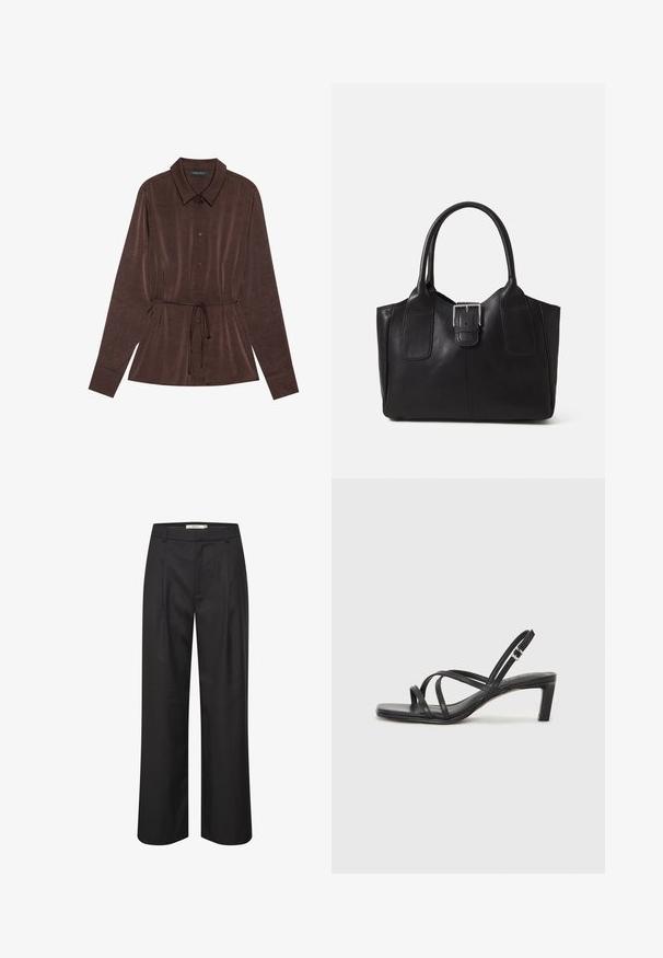 Cămașă brown cu nasturi, guler, mâneci lungi și talie legată. Material moale, texturat, cu modele subtile pe întreaga suprafață.; Pantaloni negri cu picioare largi, cu o textură netedă, front pliat, bucle pentru curea și un design croit. Materialul oferă un aspect rafinat.; Sandal cu barete negre, cu vârf pătrat și toc mic de bloc. Prezintă mai multe barete subțiri și o bareta ajustabilă la gleznă. Fabricat din piele netedă.; Geantă tote din piele neagră cu textură netedă, formă structurată, două mânere și un detaliu proeminent din aliaj de argint pe partea din față.